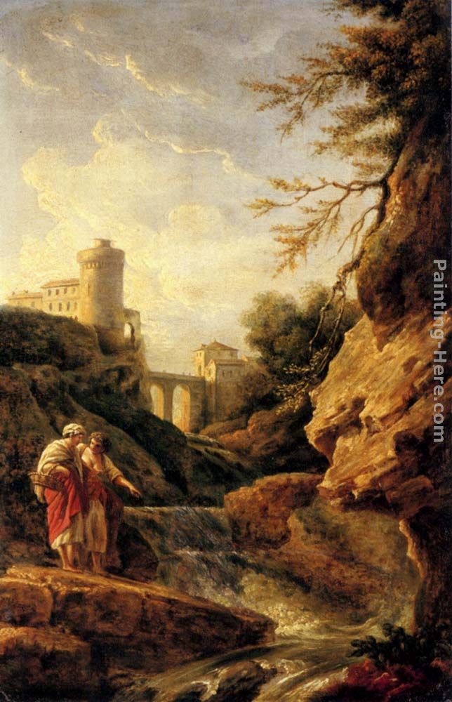 Two female peasants by a waterfall, a town and aqueduct beyond painting - Claude-Joseph Vernet Two female peasants by a waterfall, a town and aqueduct beyond art painting